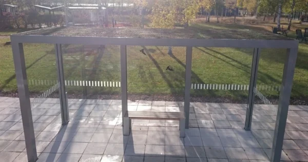 Wartehalle mit begrüntem Dach und gläsernen Wänden vor grüner Wiese bei Sonnenschein.